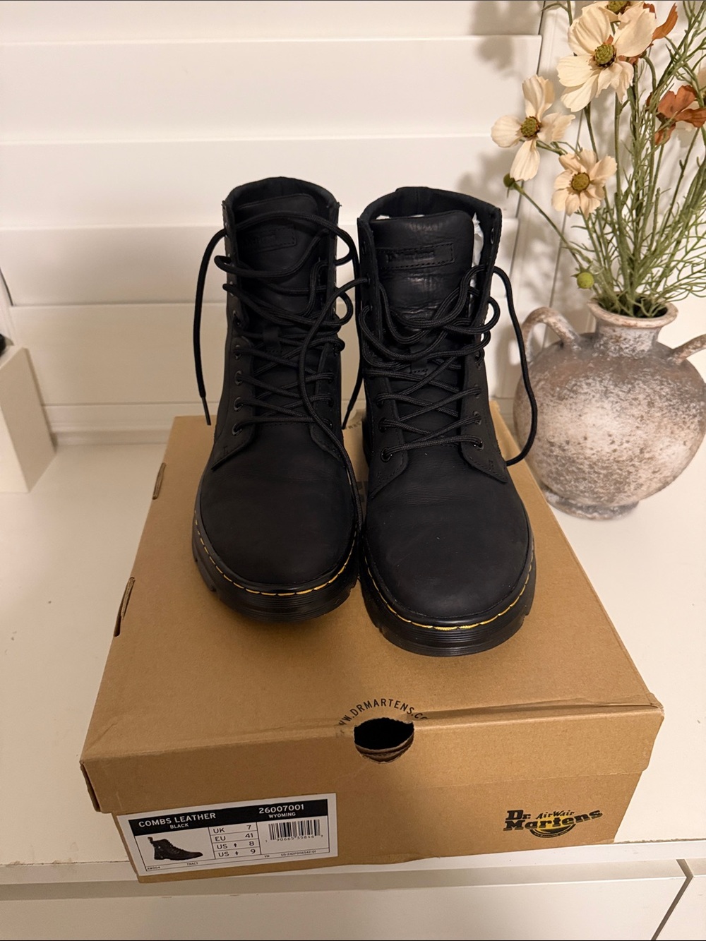 Dr. Martens Black Lace-Up Combat Boots with Yellow Stitching